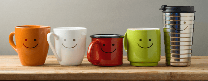 Too Many Cups, Coffee Mugs with Happy Faces